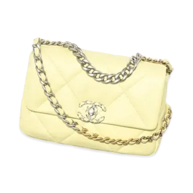 CHANEL 19 Handbag Shiny Lambskin Gold Tone Silver Tone & Ruthenium Finish Metal "Yellow"