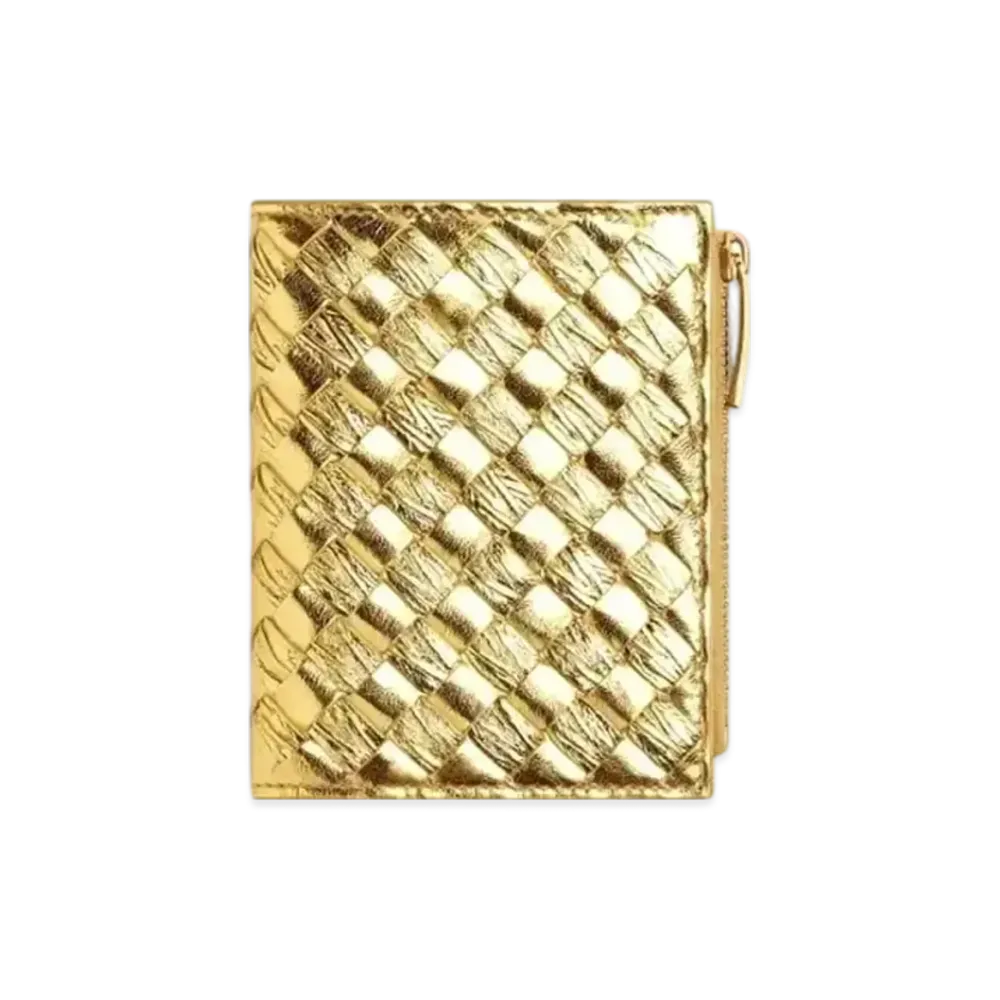 Bottega Veneta Intrecciato Lambskin Small Bi-fold Zippered Wallet "Gold"