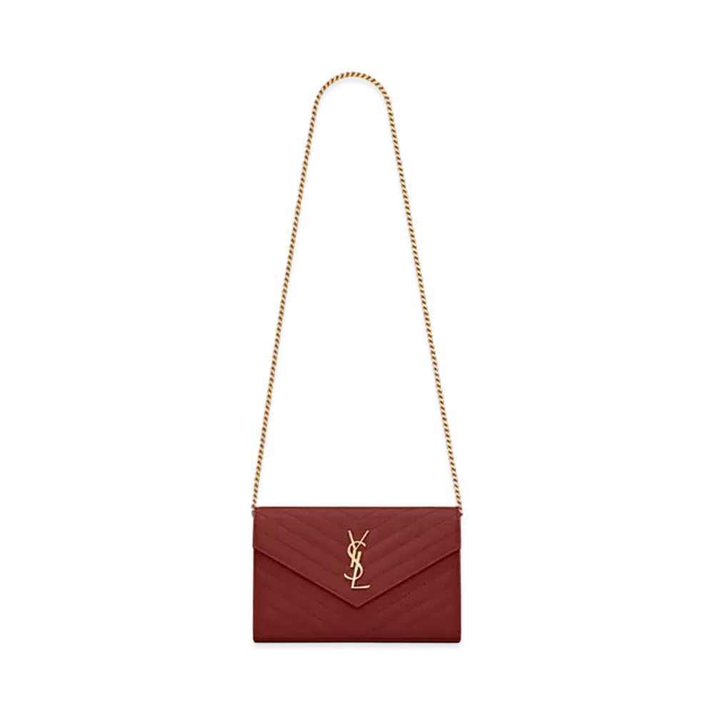 Saint Laurent Monogram Chain Wallet In Quilted Grain De Poudre Embossed Leather "Rouge Opyum"