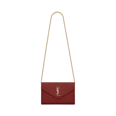 Saint Laurent Monogram Chain Wallet In Quilted Grain De Poudre Embossed Leather "Rouge Opyum"