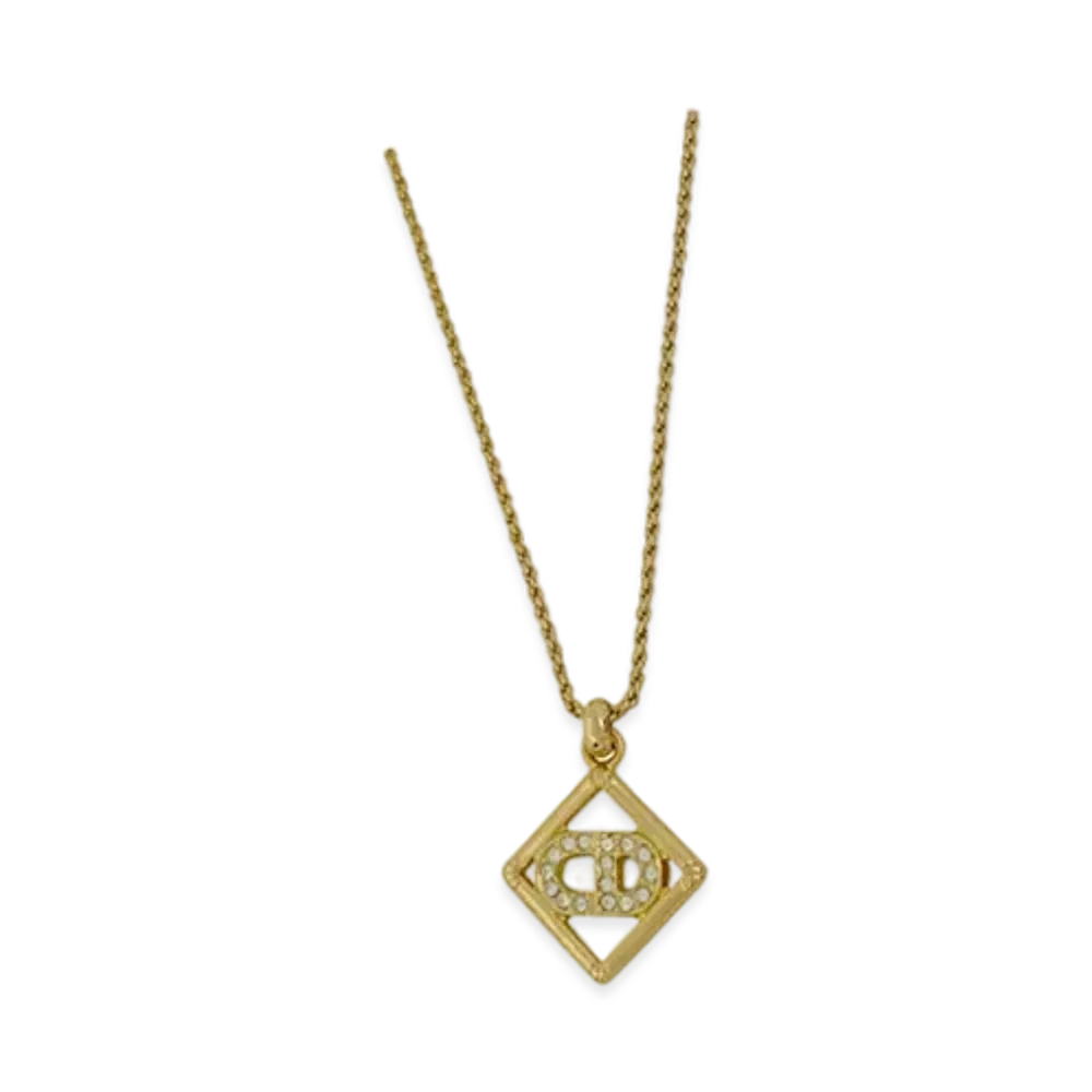 Dior CD Logo Rhinestone Square Necklace "Gold"