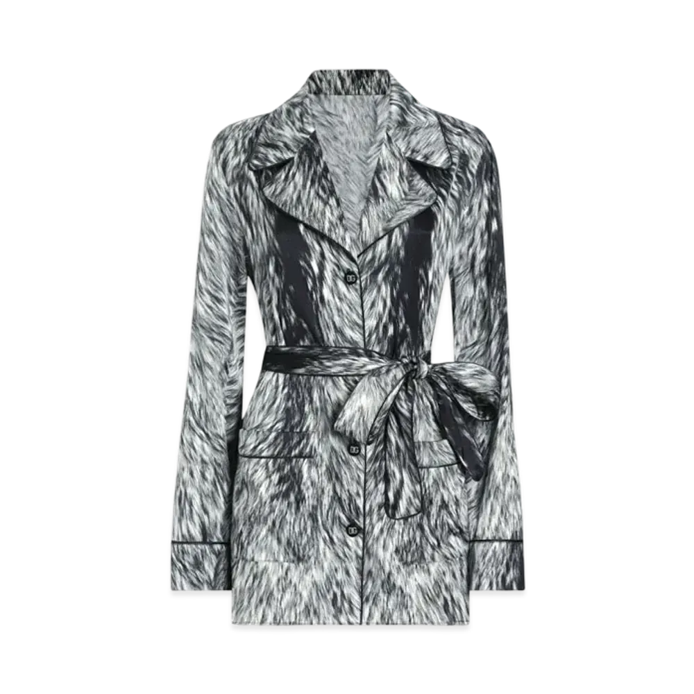DOLCE&GABBANA Silk Satin Pajama Shirt With Fur Print "Gray"