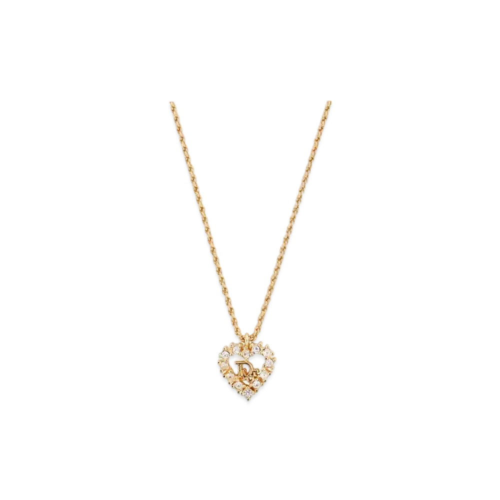Dior Rhinestone Heart Logo Necklace "Gold"