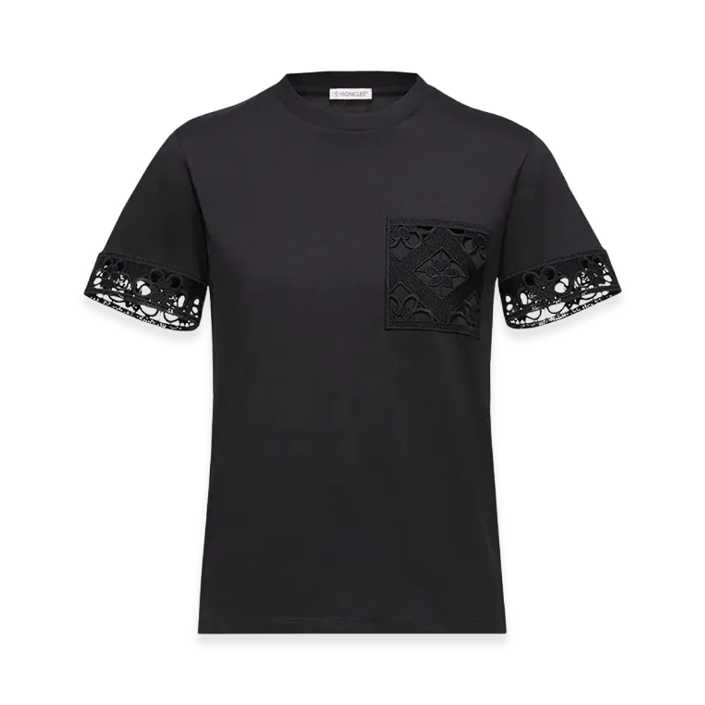 MONCLER Women's Macrame Trimmed Cotton T-Shirt "Black"