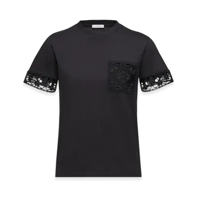 MONCLER Women's Macrame Trimmed Cotton T-Shirt "Black"