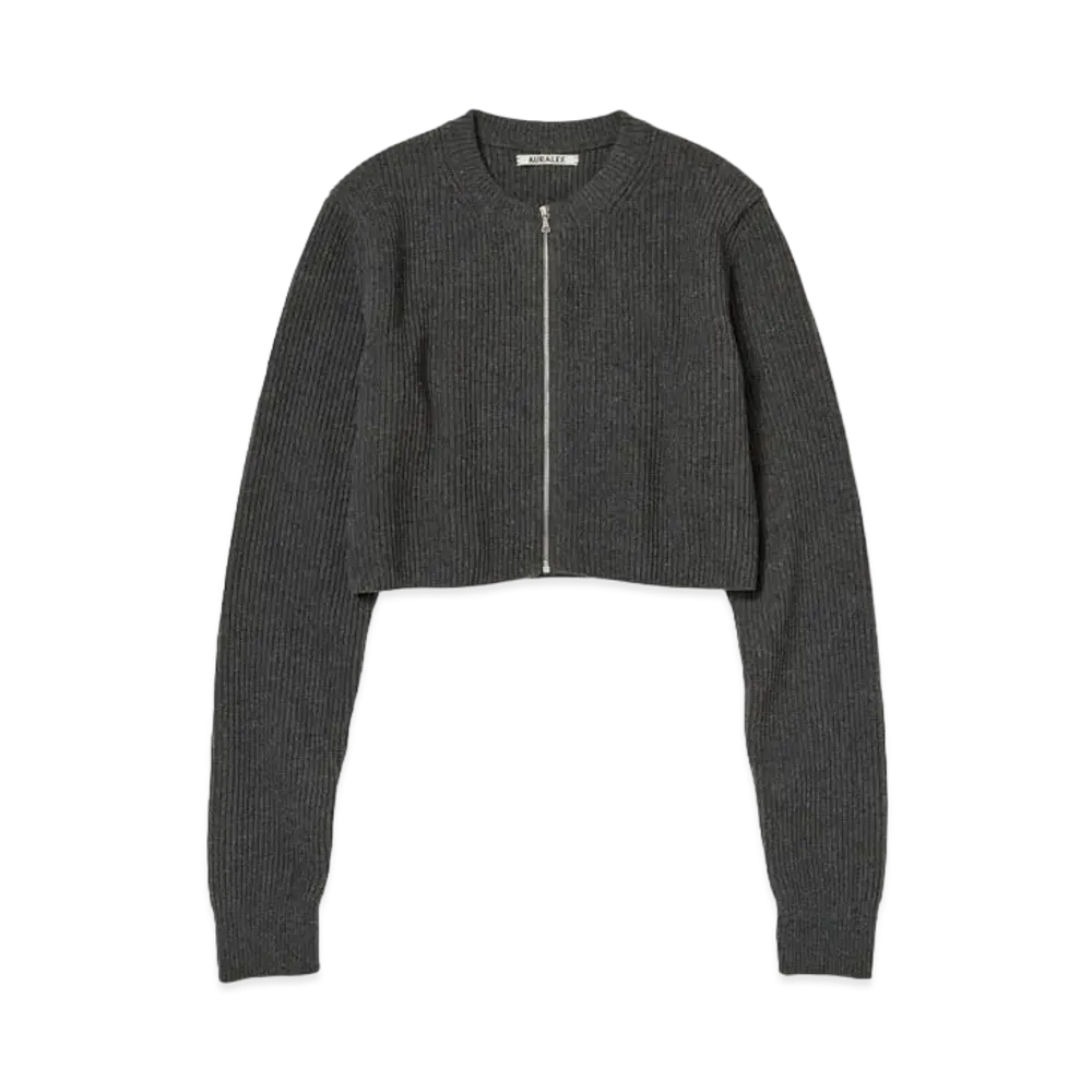 AURALEE Super Fine Wool Rib Knit Zip Short Cardigan "Top Gray"