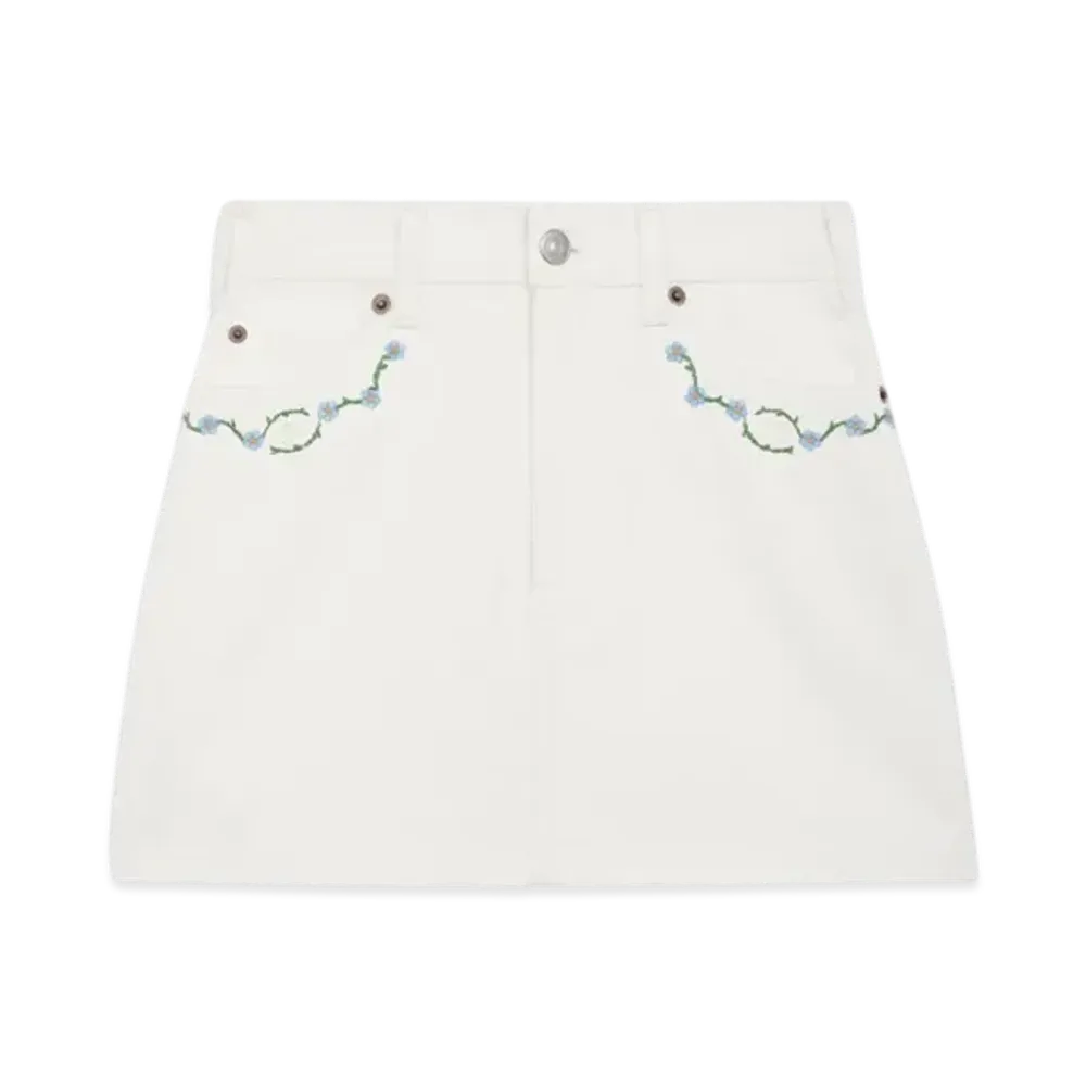 CELINE Women's Embroidered Mini Skirt in Raw Wash Denim "Raw Wash/White"