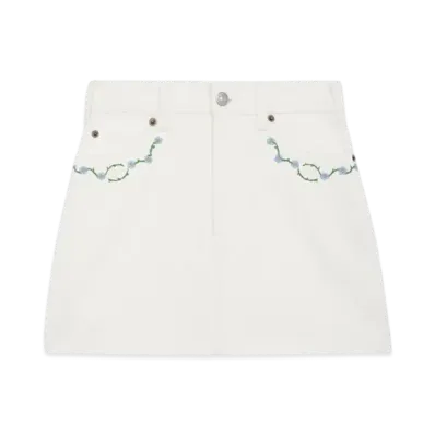 CELINE Women's Embroidered Mini Skirt in Raw Wash Denim "Raw Wash/White"