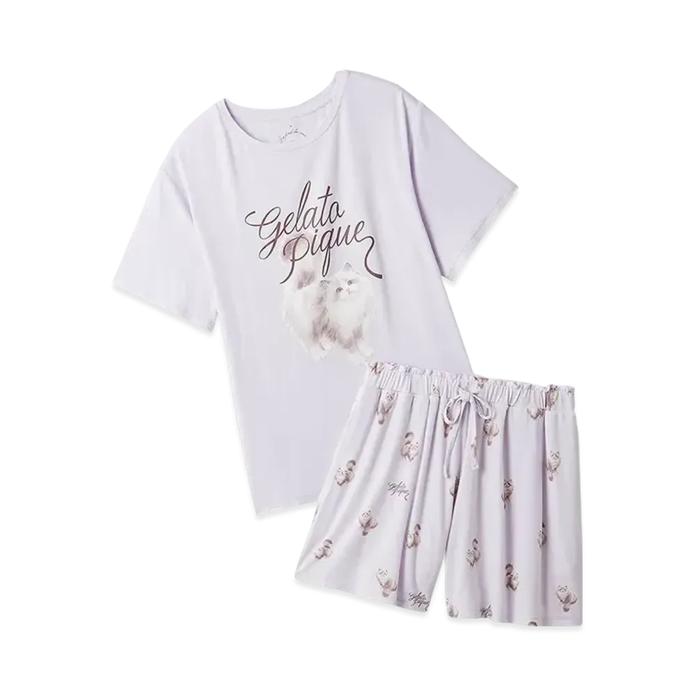 GELATO PIQUE Cat Pattern One-Point T-Shirt & Shorts Set "Lavender"