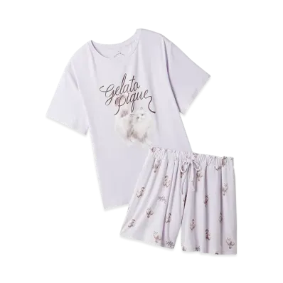 GELATO PIQUE Cat Pattern One-Point T-Shirt & Shorts Set "Lavender"