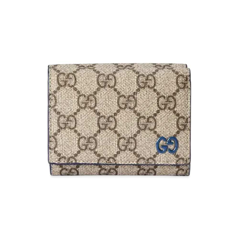 GUCCI Tri Fold Wallet With GG Detail GG Supreme "Beige/Ebony/Blue"