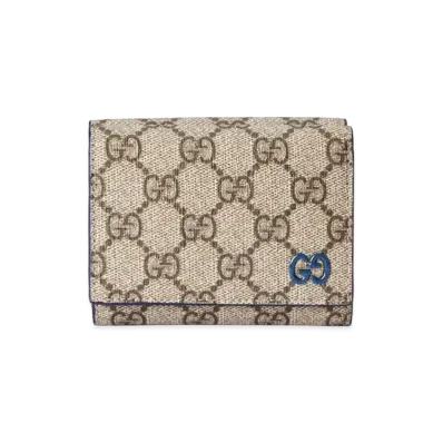 GUCCI Tri Fold Wallet With GG Detail GG Supreme "Beige/Ebony/Blue"