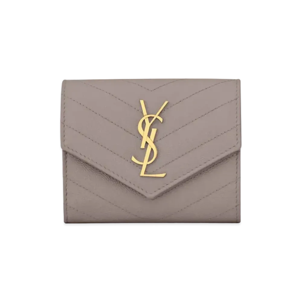 SAINT LAURENT Monogram Compact Tri Fold Wallet In Grain De Poudre Embossed Leather "Fog"