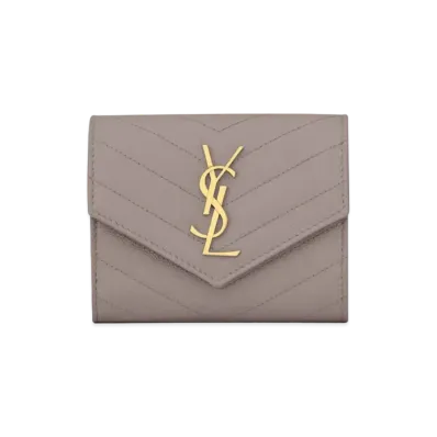 SAINT LAURENT Monogram Compact Tri Fold Wallet In Grain De Poudre Embossed Leather "Fog"