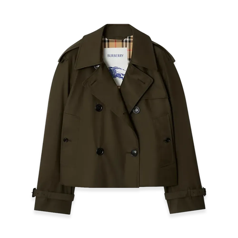 Burberry Women's Cropped Tropical Gabardine Trench Jacket "Juniper Green"
