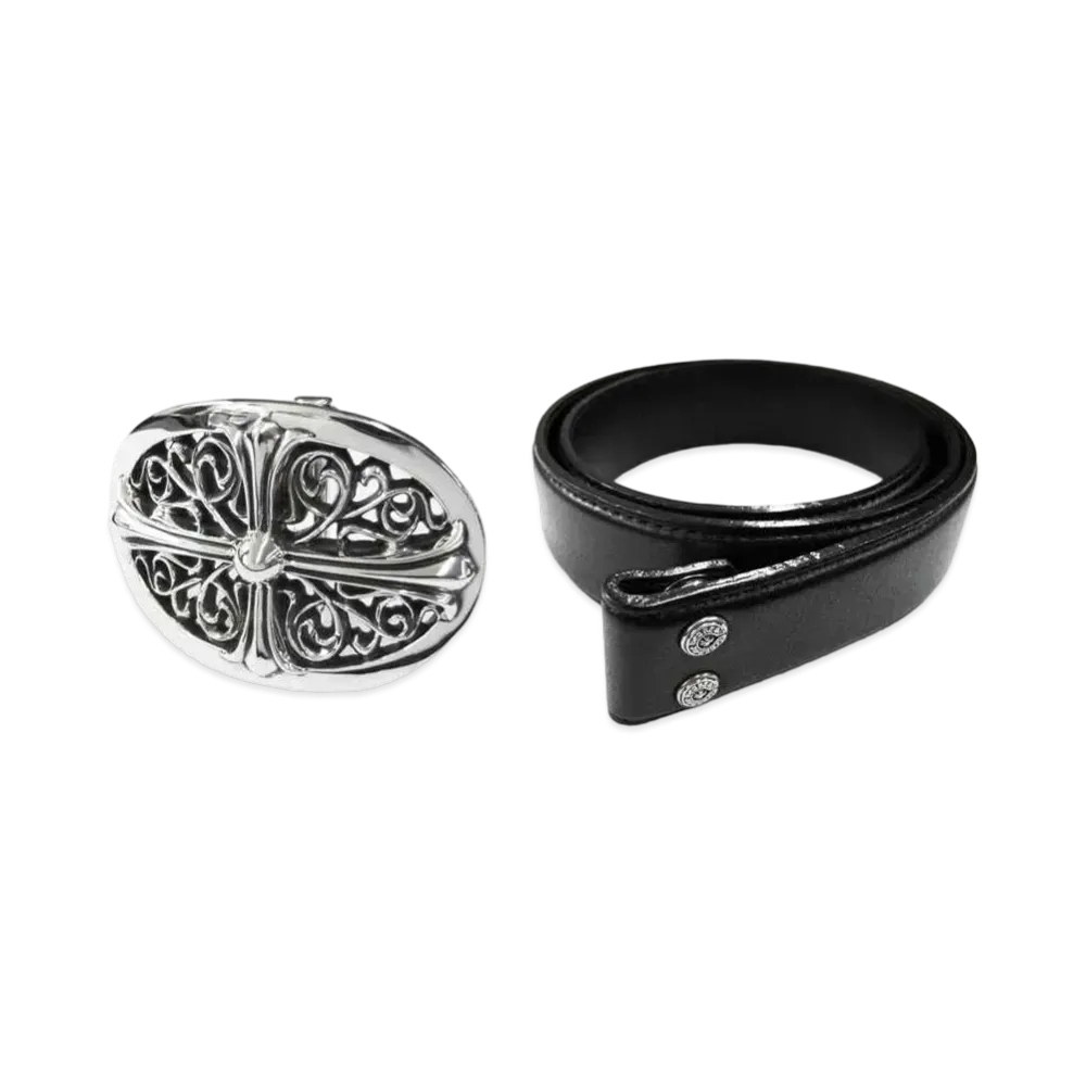 Chrome Hearts Classic Oval Cross Buckle Plane Black Leather 1.5 Horseshoe Rivet Belt Set "Black"