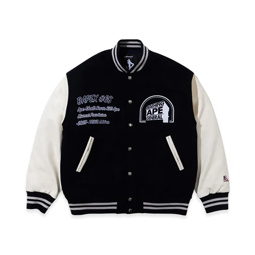 A BATHING APE x KAZUKI KURAISHI Multi Logo Varsity Down Jacket "Black"