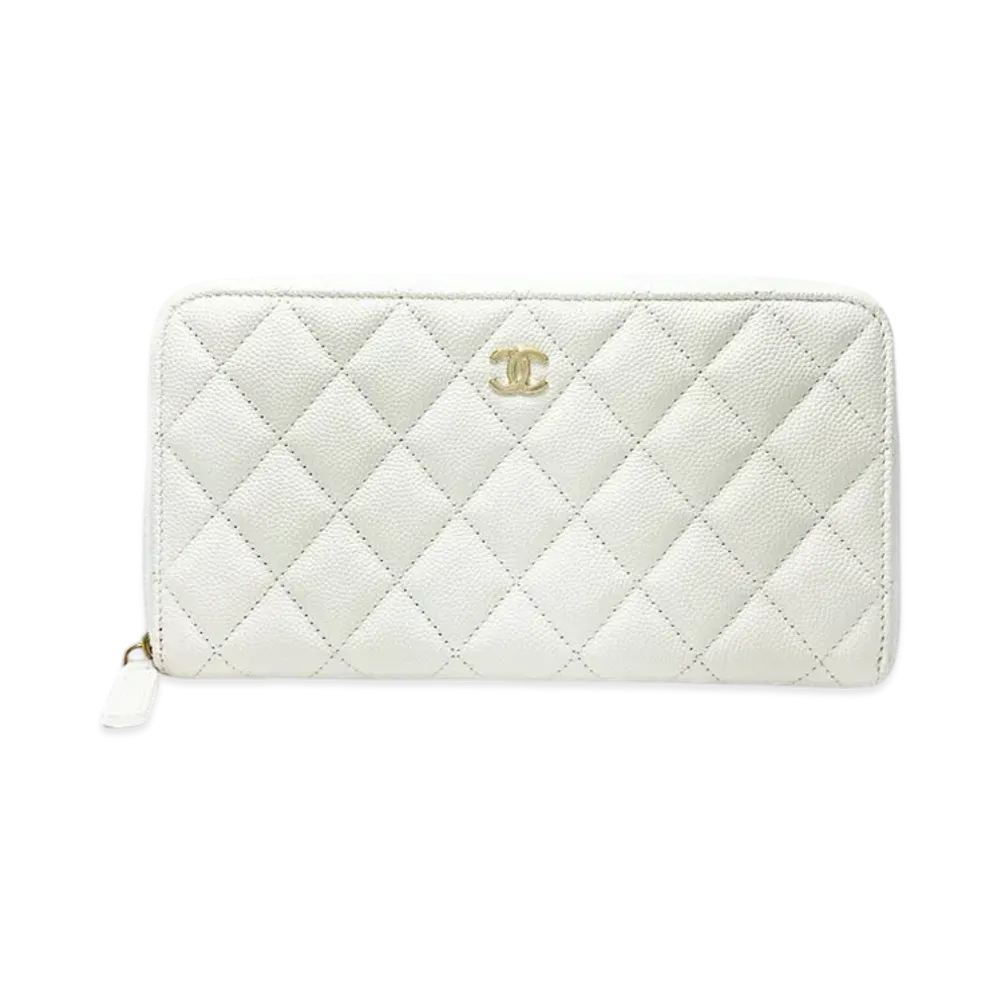 CHANEL Matelasse Classic Round Zipper Long Wallet Caviar Skin "White"