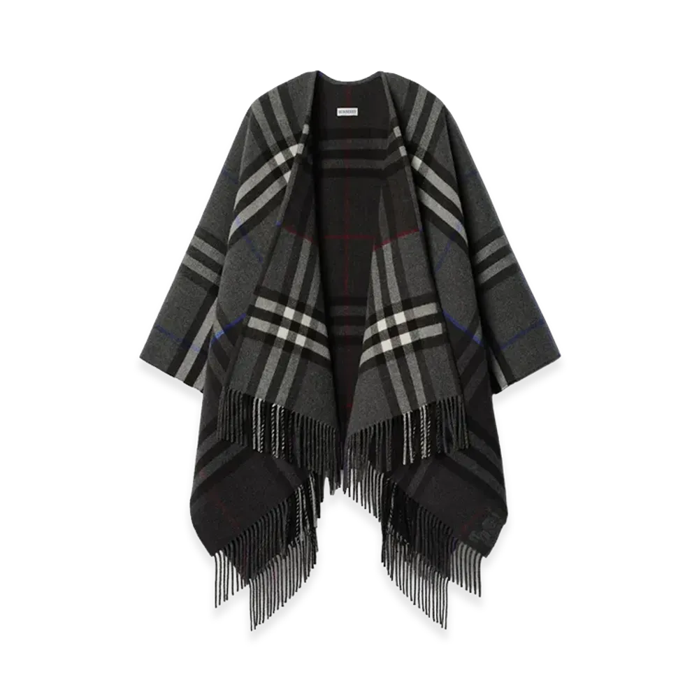 Burberry Women's Contrast Check Cashmere Wool Cape "Marlboro Grey/Charcoal Grey"