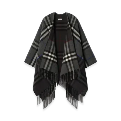 Burberry Women's Contrast Check Cashmere Wool Cape "Marlboro Grey/Charcoal Grey"