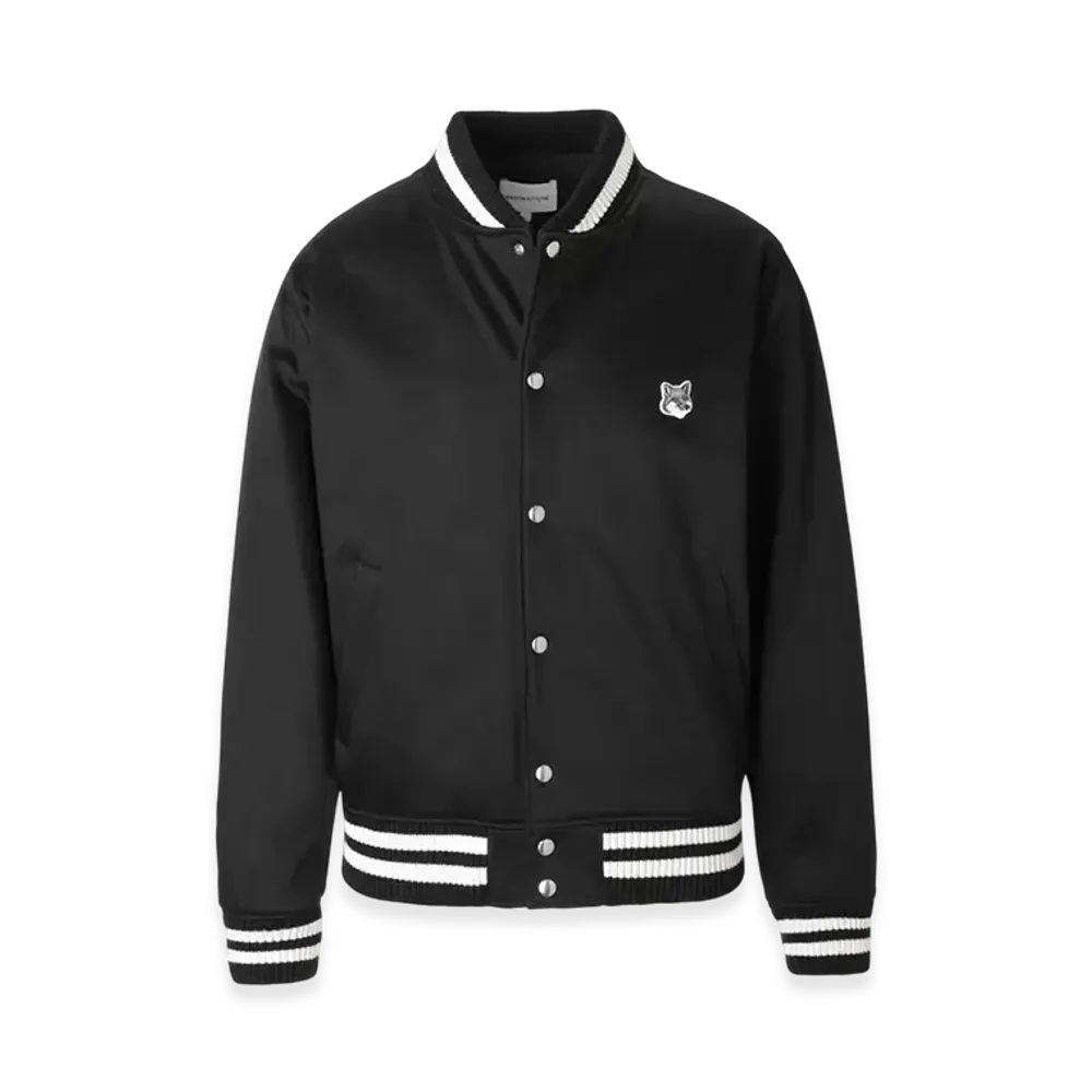 Maison Kitsune Teddy Blouson In Cotton Satin With Grey Fox Head P "Black"
