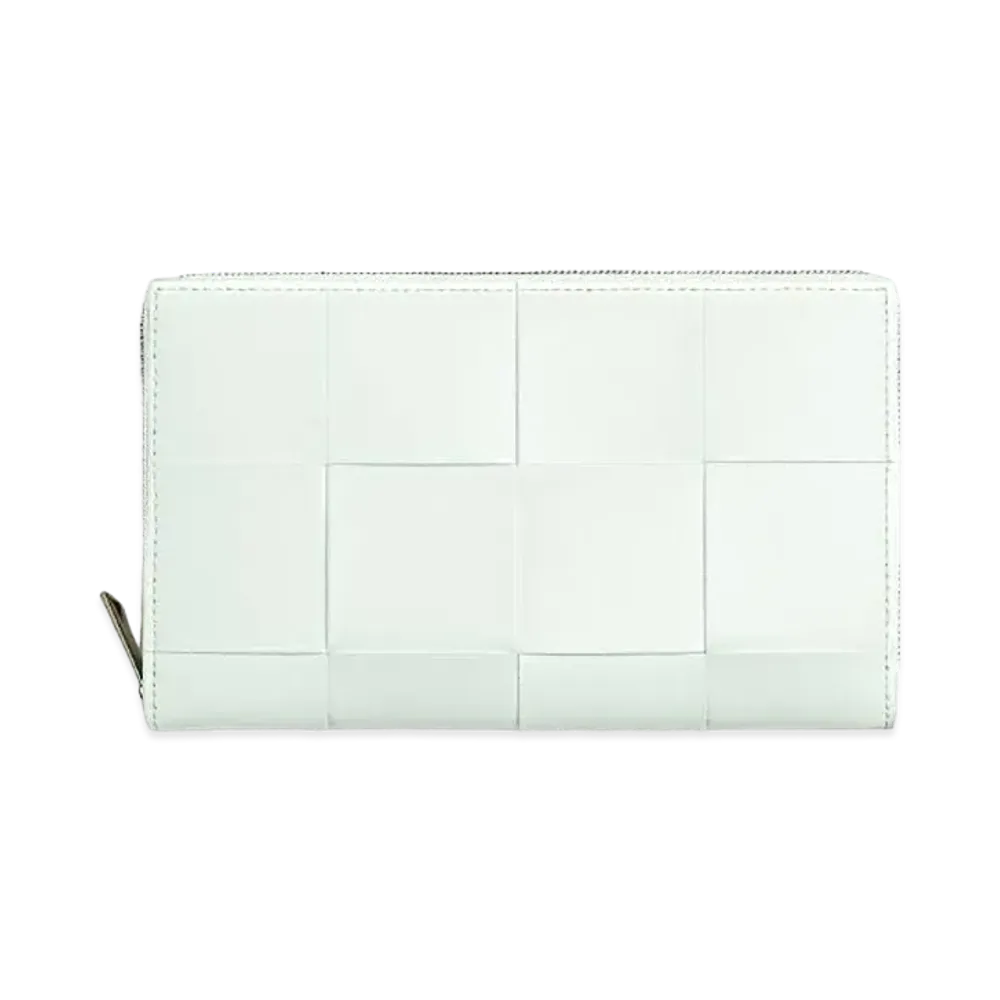 Bottega Veneta Casette Maxi Intrecciato Calfskin Bi-fold Zip Around Wallet "Glacier"
