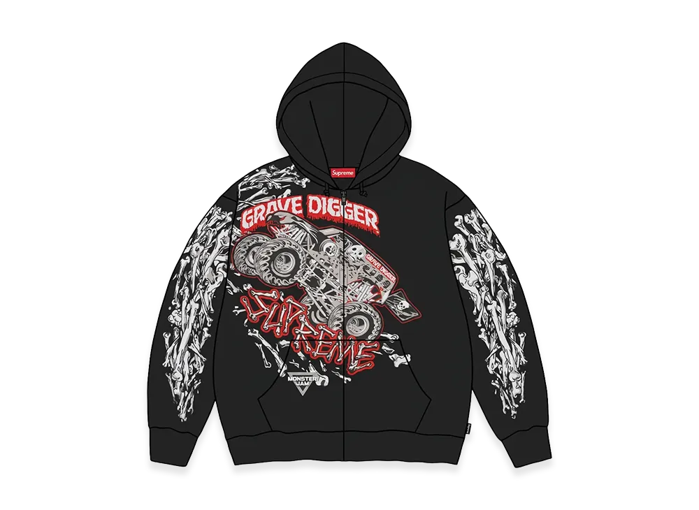 Supreme Grave Digger Bones Zip Up Hooded Sweatshirt "Black"