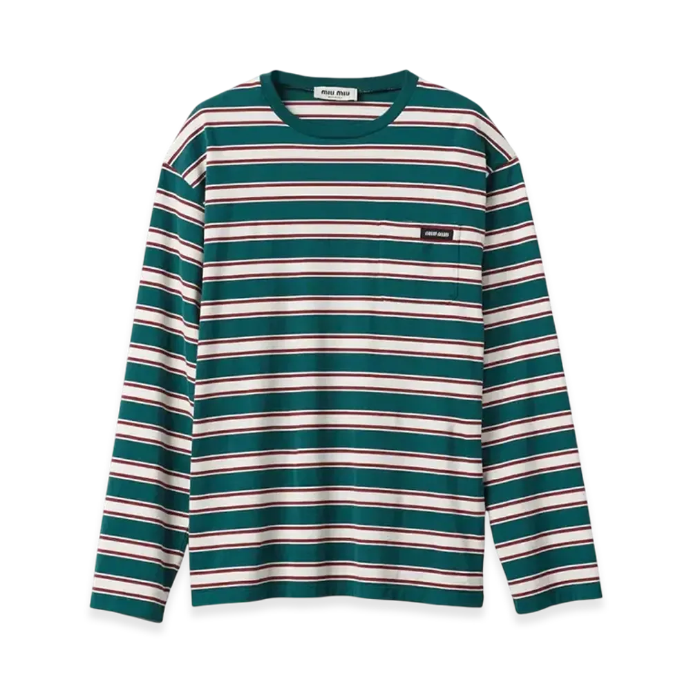 MIU MIU Women's Long Sleeved Cotton Jersey T-Shirt "Green/White/Cognac"