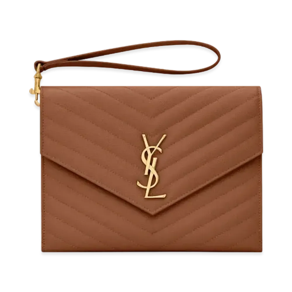 SAINT LAURENT Monogram Clutch In Quilted Grain De Poudre Embossed Leather "Dark Natural"