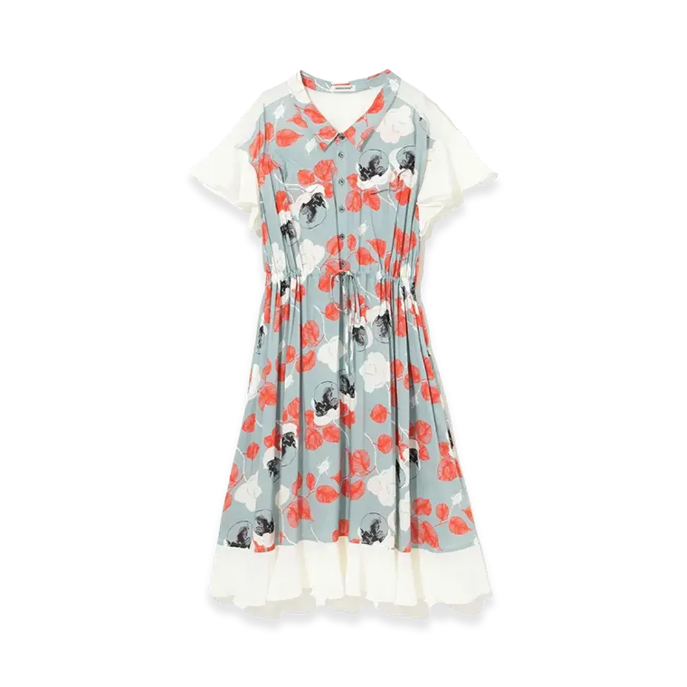 UNDERCOVER Rayon Allover Pattern Gathered Dress "Gray Base"