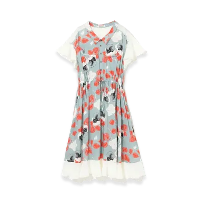 UNDERCOVER Rayon Allover Pattern Gathered Dress "Gray Base"