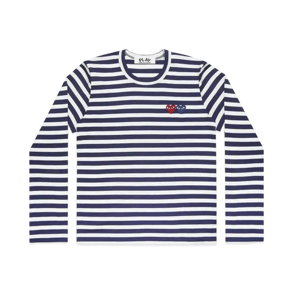 PLAY COMME des GARCONS Unisex Border Long Sleeve T-Shirt With Twin Emblem AX-T228-051 "Navy/White"