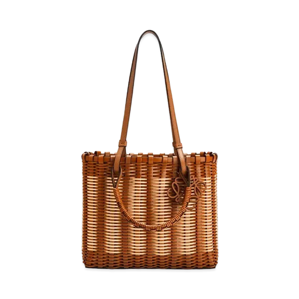 LOEWE Double Handle Square Tote In Rattan And Calfskin "Tan/Natural"