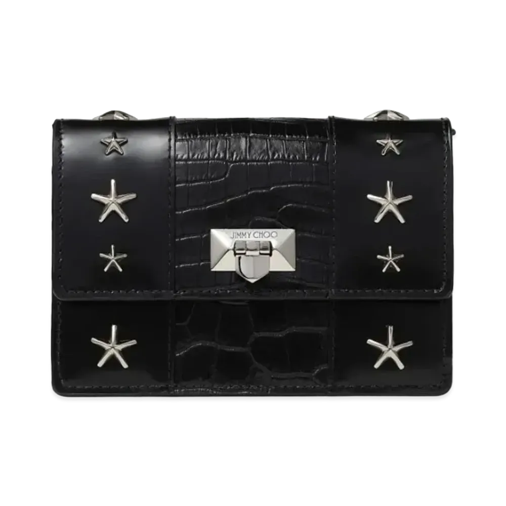 Jimmy Choo Pyxis Clutch Mini Spazzolate Leather And Croc-Embossed Leather Clutch Bag With Star Studs "Black"