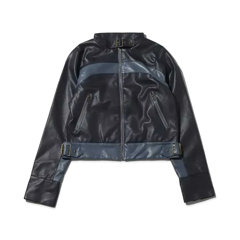 atmos pink Color Scheme Faux Leather Jacket "Navy"
