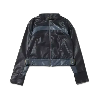 atmos pink Color Scheme Faux Leather Jacket "Navy"