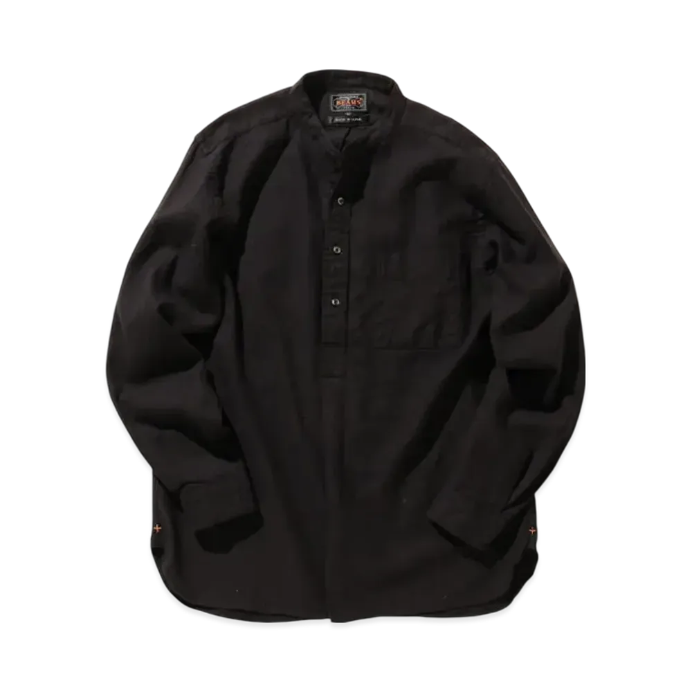 BEAMS Band Collar Pullover Cotton Linen Herringbone "Black"