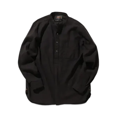 BEAMS Band Collar Pullover Cotton Linen Herringbone "Black"