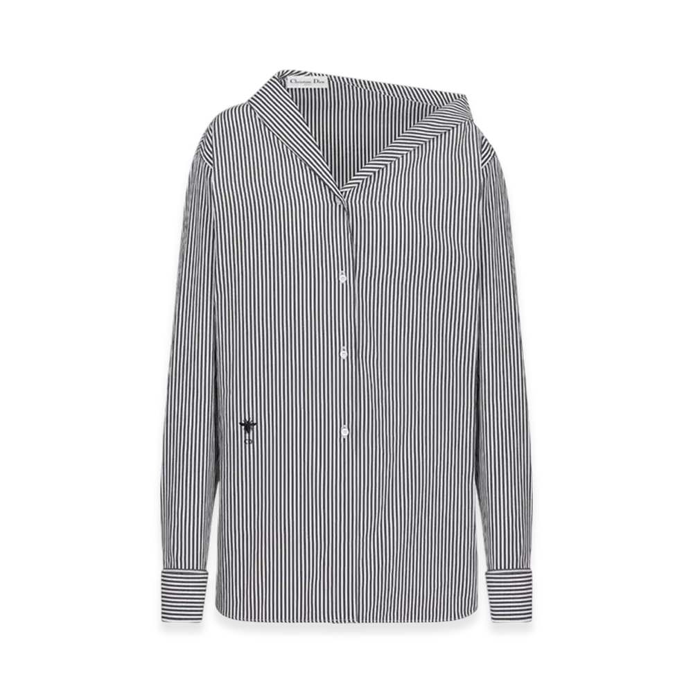 Dior Women's Cotton Poplin with D Stripes Motif Asymmetric Blouse "Black/White"