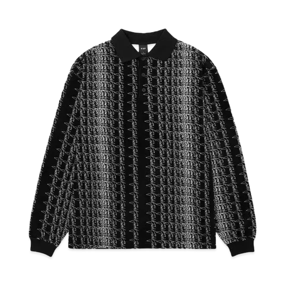 HUF Fall 24 Script Stripe Velor Long Sleeve Polo "Black"