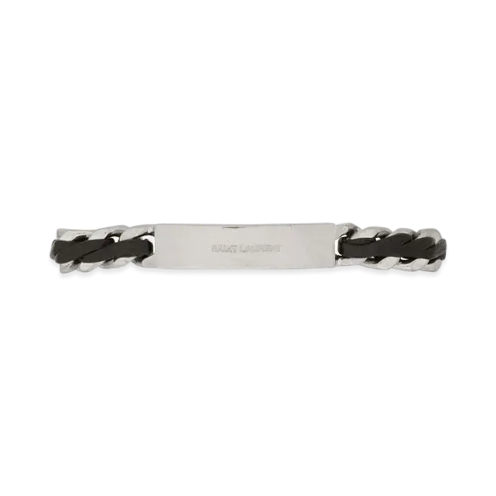 Saint Laurent Tag Curb Chain Bracelet In Leather And Metal "Black/Oxidized Nickel"