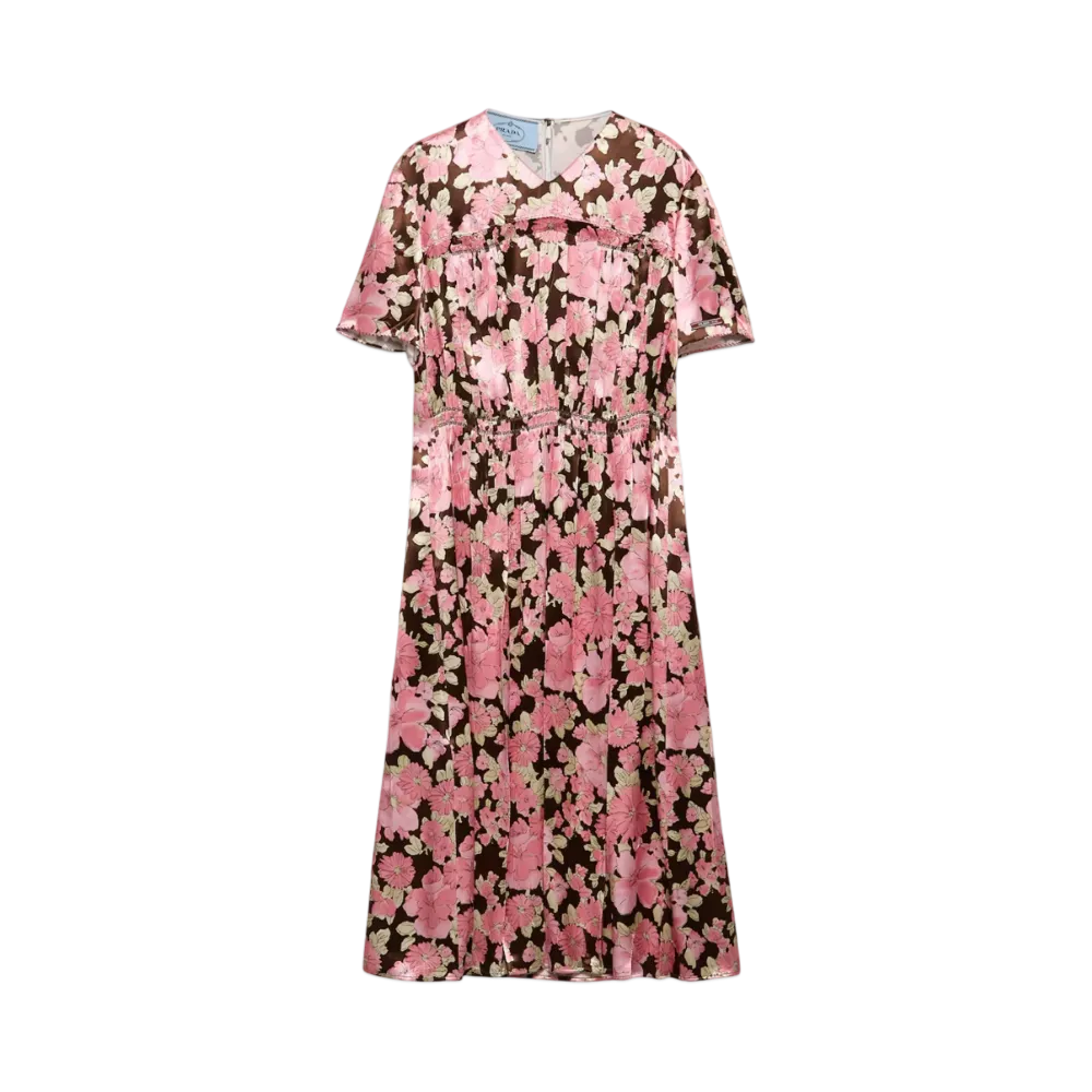 PRADA Women's Embroidered Satin Midi-Dress "Dark Brown"