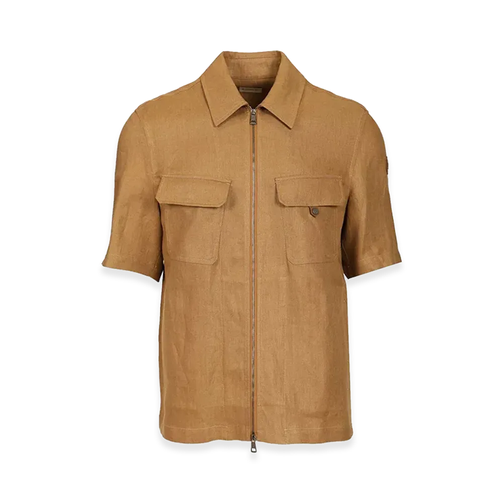 MONCLER Short-Sleeved Zip-Up Shirt In Linen Twill "Brown"