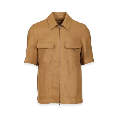 MONCLER Short-Sleeved Zip-Up Shirt In Linen Twill "Brown"