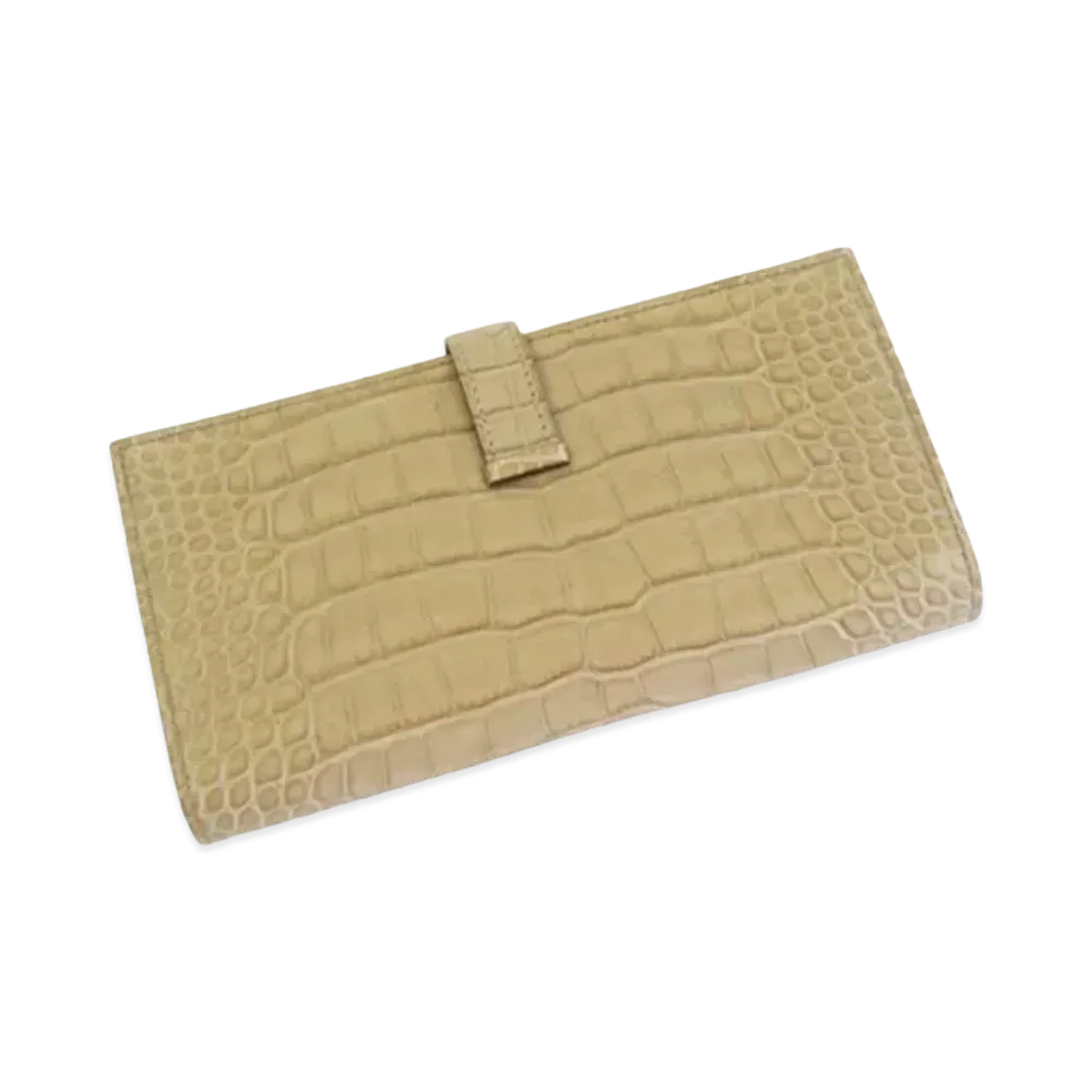 HERMES Epsom leather Bearn Soufflet Crocodile Wallet "Beige"