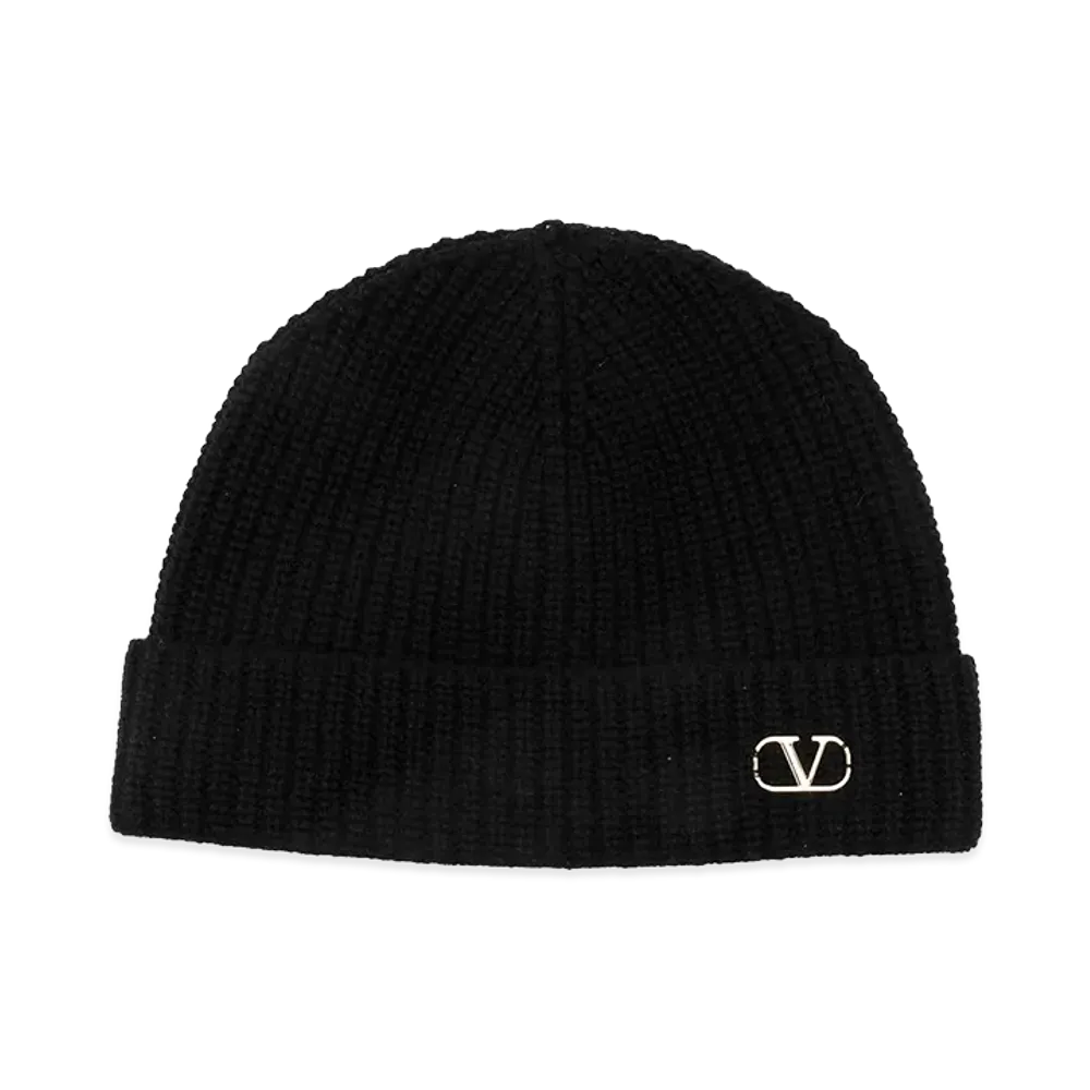 Valentino Beanie Knitted V Logo Signature In Cashmere "Black"