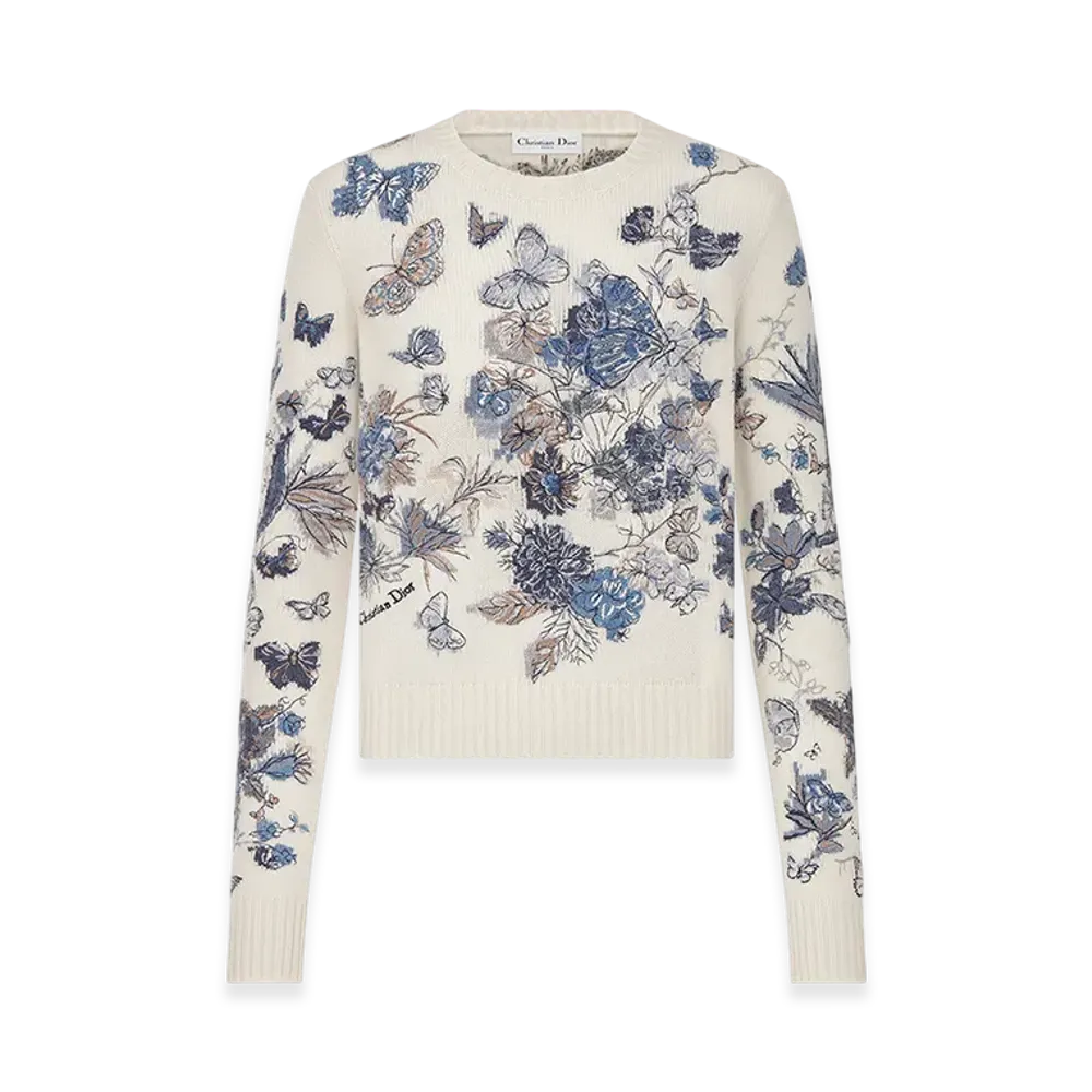 Dior Women's Embroidered Sweater Cashmere Knit Toile Mexico Motif "White/Pastel Midnight Blue"