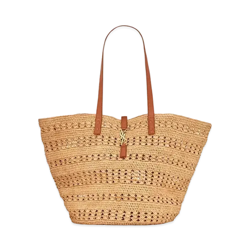 Saint Laurent Panier Medium Bag In Crochet Raffia and Smooth Leather "Naturel"