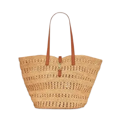 Saint Laurent Panier Medium Bag In Crochet Raffia and Smooth Leather "Naturel"