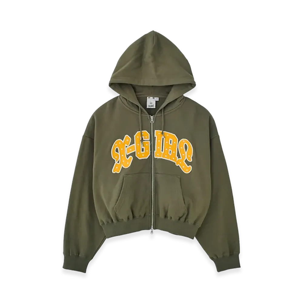 X-Girl Studded Logo Zip Up Sweat Hoodie "Olive"